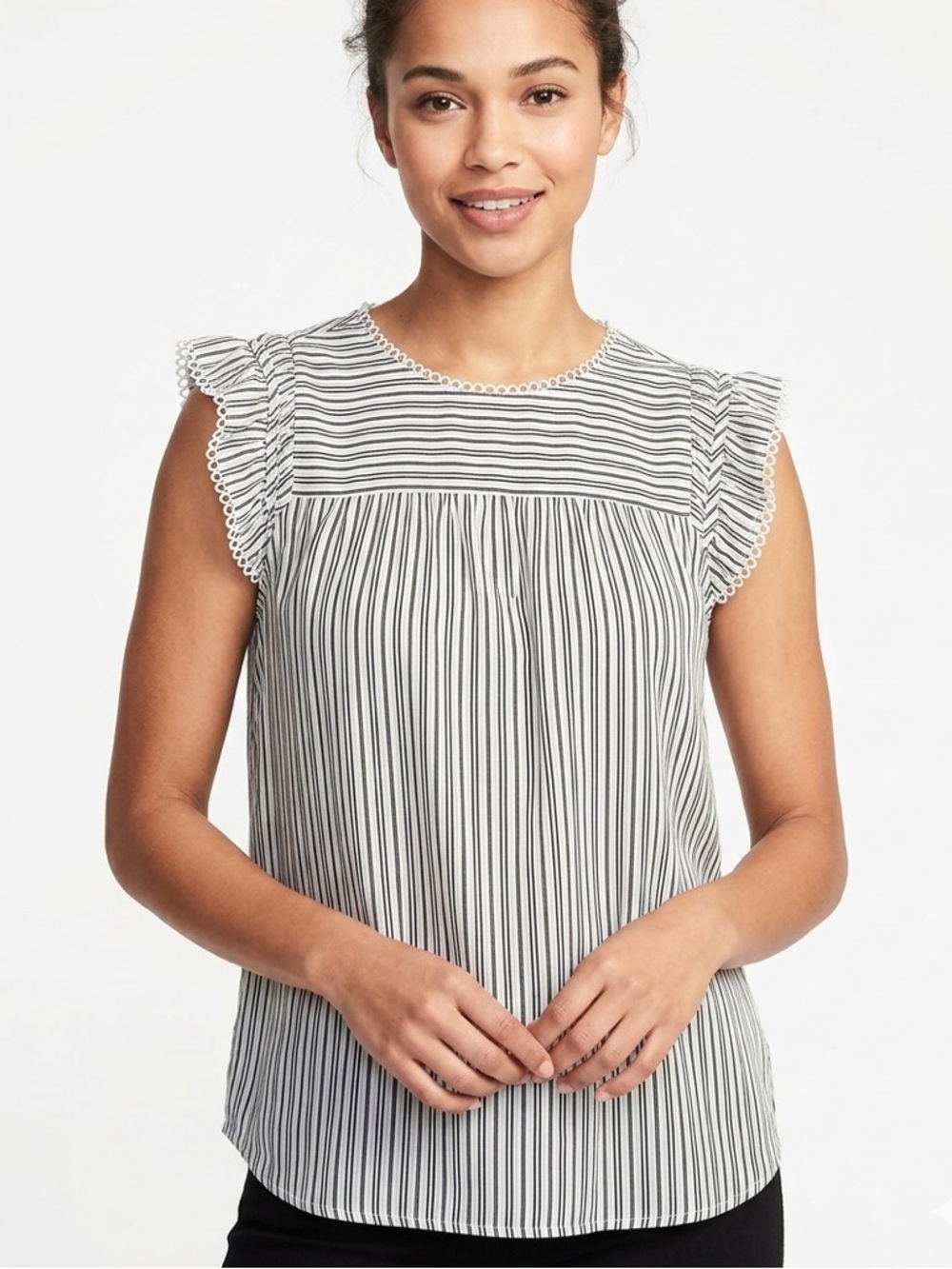 LOFT Black & White Striped Ruffle Sleeve Camisole with Lace Trim Sz M. Preowned